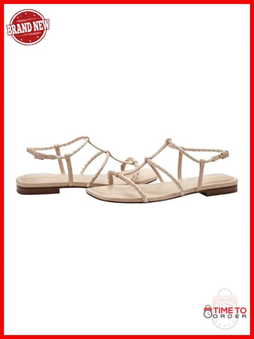 Braided Strappy Square Toe Flat Sandals with Ankle Buckle
